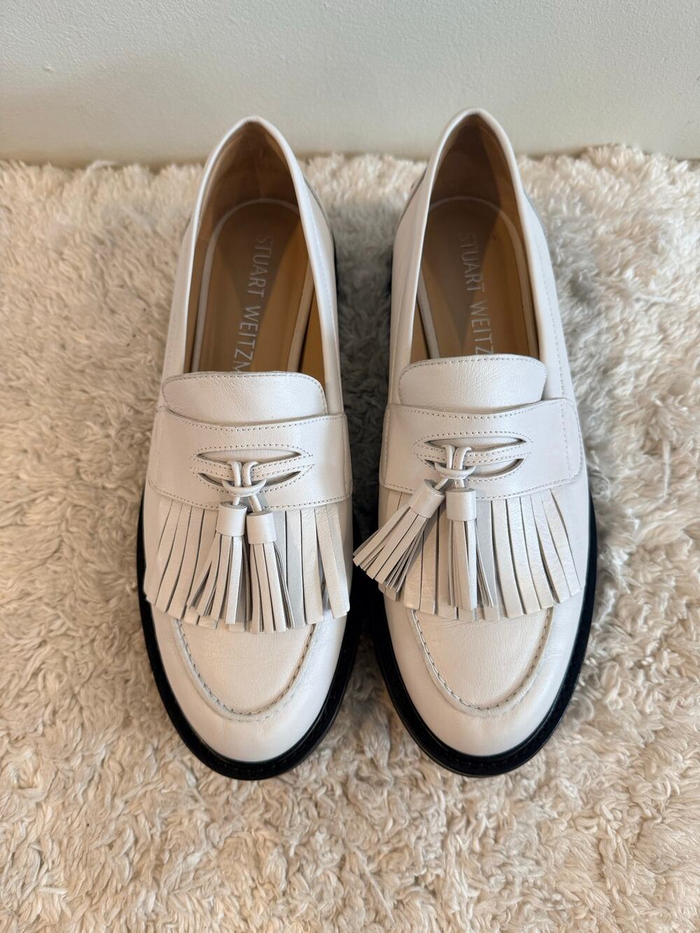 Stuart Weitzman White Leather Mila Lift Tassel Loafers - Size 12